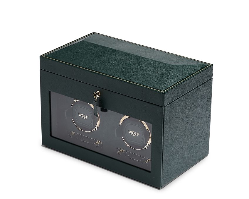 Wolf British Racing Double Watch Winder With Storage and Green Vegan Leather Cover 792241
