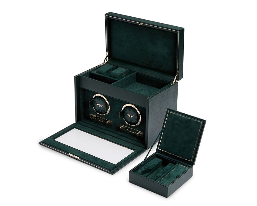 Wolf British Racing Double Watch Winder With Storage and Green Vegan Leather Cover 792241