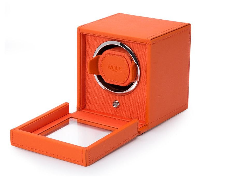Wolf Cub Single Watch Winder with Cover and Orange Vegan Leather 461139