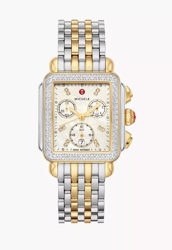 Michele Deco Two-Tone 18k Gold Diamond Swiss Chronograph Stainless Steel White Dial Watch 4.735 MWW06A000776