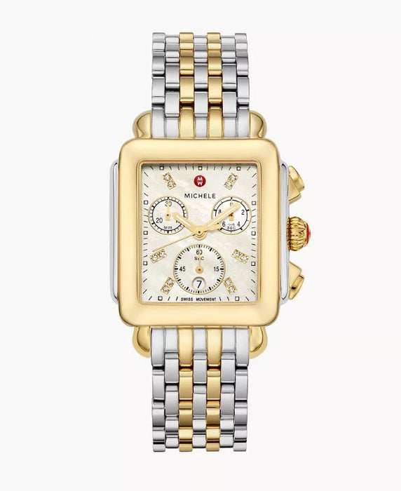 Michele Deco Two-Tone 18K Gold Diamond Swiss Chronograph White Dial Stainless Steel Watch MWW06A000779