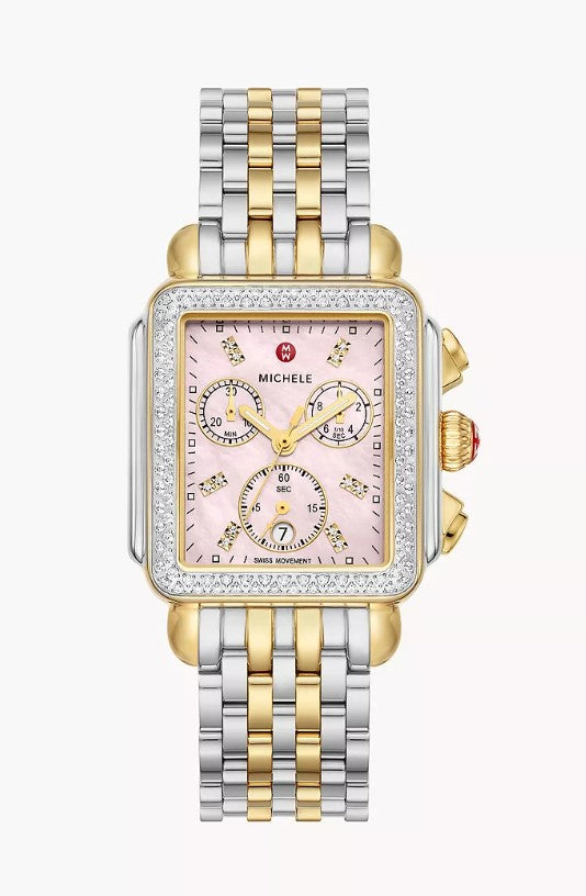 Michele Deco Two-Tone 18K Gold-Plated Diamond Swiss Chronograph Pink Dial Stainless Steel Watch MWW06A000796