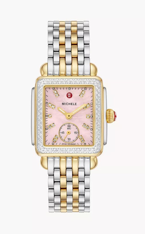 Michele Deco Mid Two-Tone 18K Gold-Plated Diamond  Swiss Three Hand Pink Dial Stainless Steel Watch MWW06V000129