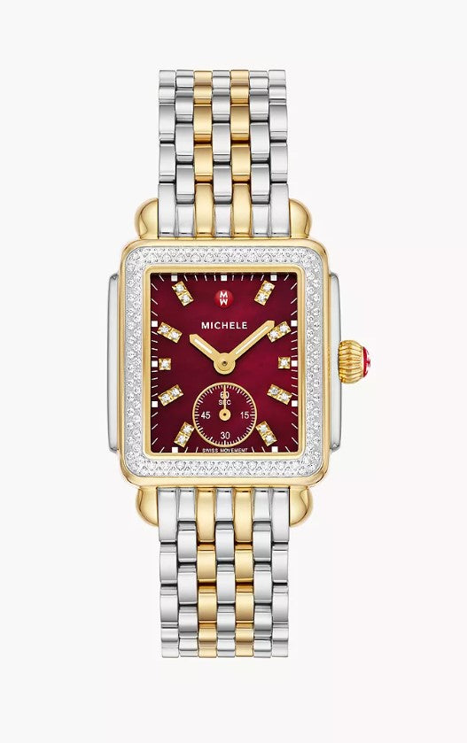 Michele Deco Mid Two-Tone 18K Gold-Plated Diamond Swiss Three Hand Quartz Red Dial 316 Stainless Steel Watch MWW06V000130