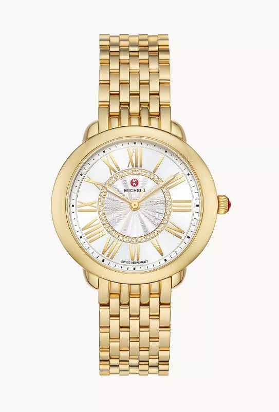 Michele Serein Mid 18k Gold-Plated Diamond Swiss Three Hand White Silver Dial Stainless Steel Watch MWW21B000160