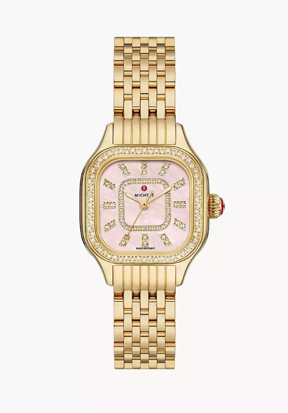 Michele Meggie 18K Gold-Plated Diamond Sapphire Crystal Swiss Quartz Pink Dial Watch MWW33B000007