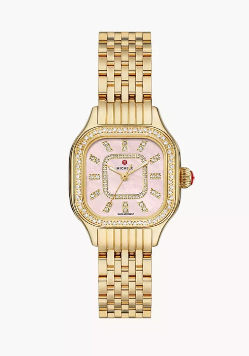 Michele Meggie 18K Gold-Plated Diamond Sapphire Crystal Swiss Quartz Pink Dial Watch MWW33B000007