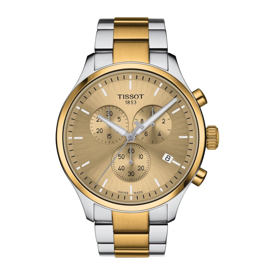 Tissot Chrono XL Classic Quartz Stainless Steel Case with Yellow Gold PVD coating Champagne Dial Grey, Yellow Gold 1N14 Strap Gent Watch T1166172202100