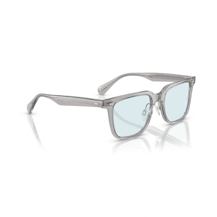 Sunglasses with light blue lenses and gray frame on a white background