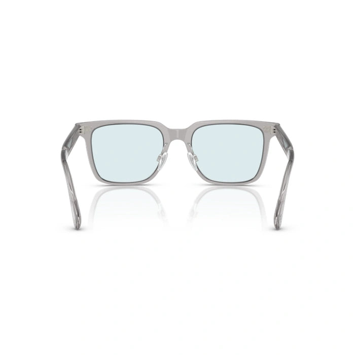Sunglasses with light blue lenses and gray frame on a white background