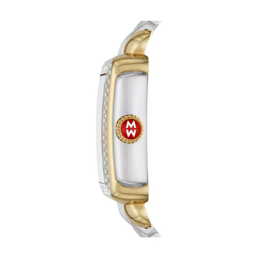 A two-tone yellow gold and white gold watch shown from the side, featuring a silver-toned rectangular case with a red and gold circular 'M' logo on the dial and a silver-toned wrap-around bracelet.