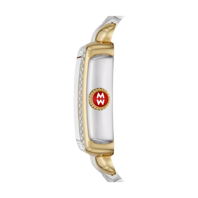 A two-tone yellow gold and white gold watch shown from the side, featuring a silver-toned rectangular case with a red and gold circular 'M' logo on the dial and a silver-toned wrap-around bracelet.