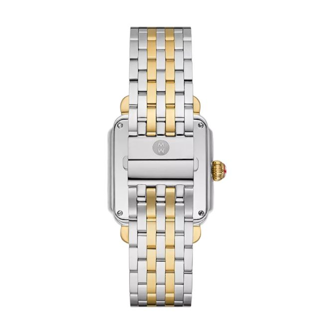 A two-tone stainless steel and yellow gold watch with a rectangular silver case and a matching two-tone link bracelet, shown from the back on a white background.