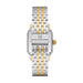 A two-tone stainless steel and yellow gold watch with a rectangular silver case and a matching two-tone link bracelet, shown from the back on a white background.