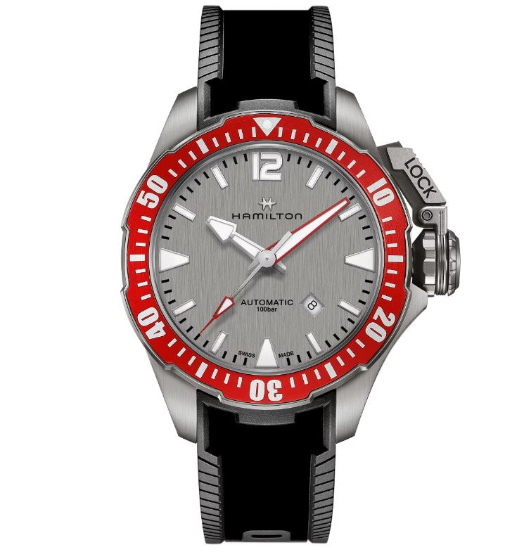 Hamilton Khaki Navy Frogman Titanium Auto Grey Dial Black silicone strap Round Titanium Case 46mm Men's Watch H77805380