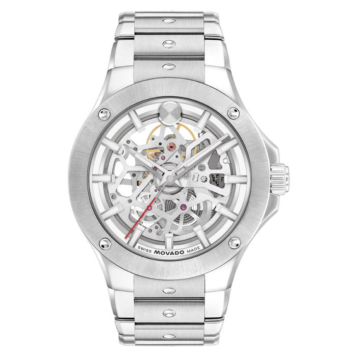 Movado Alta Se Silver Toned Metallic Skeleton Index Automatic 0607906