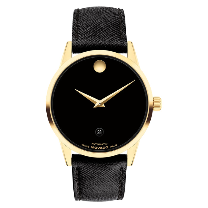 Movado Museum Classic Automatic Black Dial Yellow PVD Leather Unisex's Watch 0608025