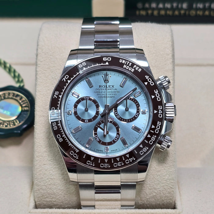 Rolex Cosmograph Daytona 40mm Platinum "Platona" Ceramic Brown Bezel Ice Blue Diamond Baguette Dial New 2025 - 126506