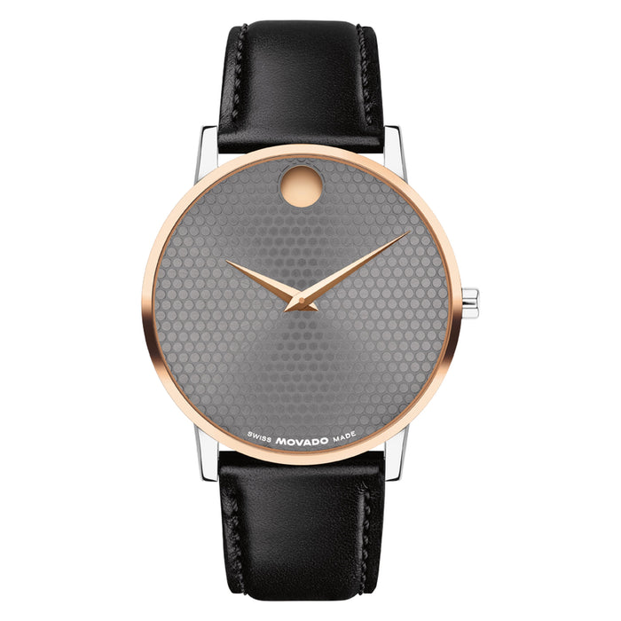Movado Museum Classic Quartz Grey Dial Rose PVD Leather Unisex's Watch 0607999