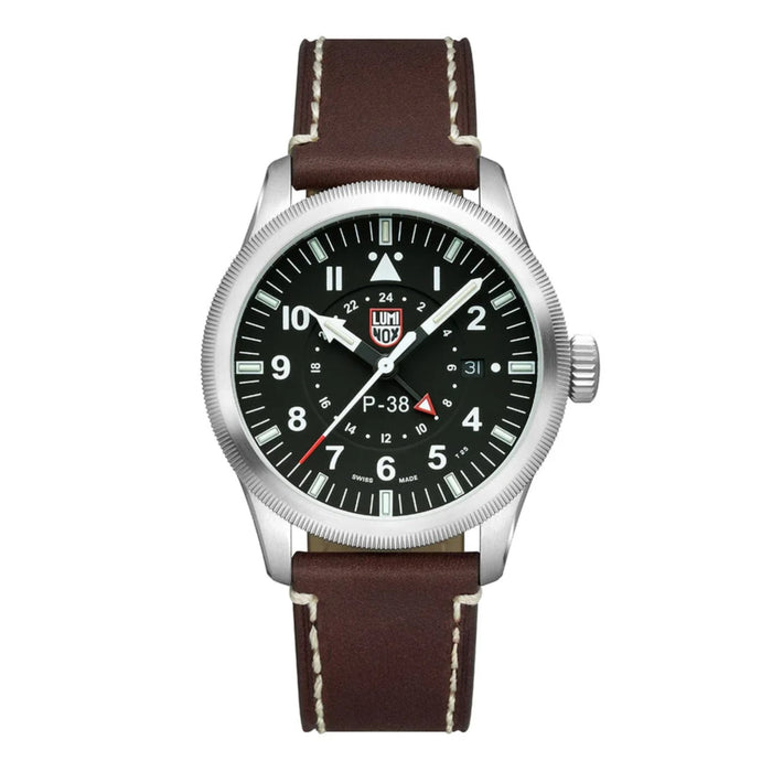Luminox P–38 LIGHTNING® 42mm GMT Black Dial With Brown Leather Men's Watch XA.9521