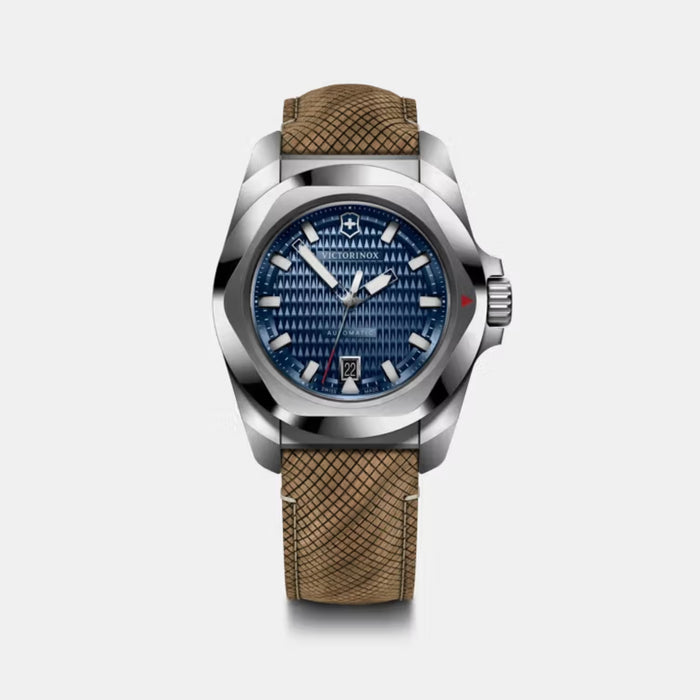 Victorinox I.N.O.X. Automatic Guilloché Blue Dial With Brown Wood Leather Men's Watch 242018.1
