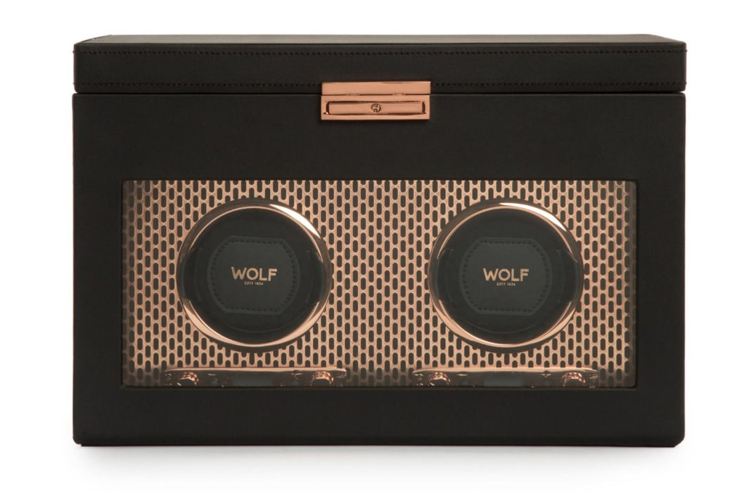 Wolf Axis Double Watch Winder With Storage and Copper Vegan Leather Cover 469316