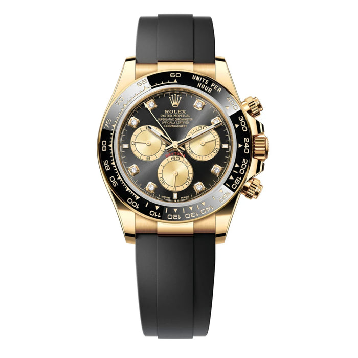 Rolex Cosmograph Daytona 40mm Yellow Gold Ceramic Bezel Black Diamond Dial Oysterflex New 2025 - 126518LN