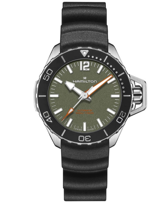 Hamilton Khaki Navy Frogman Auto Green Dial Black Rubber Strap Round Stainless Steel Case 41mm Men's Watch H77455360