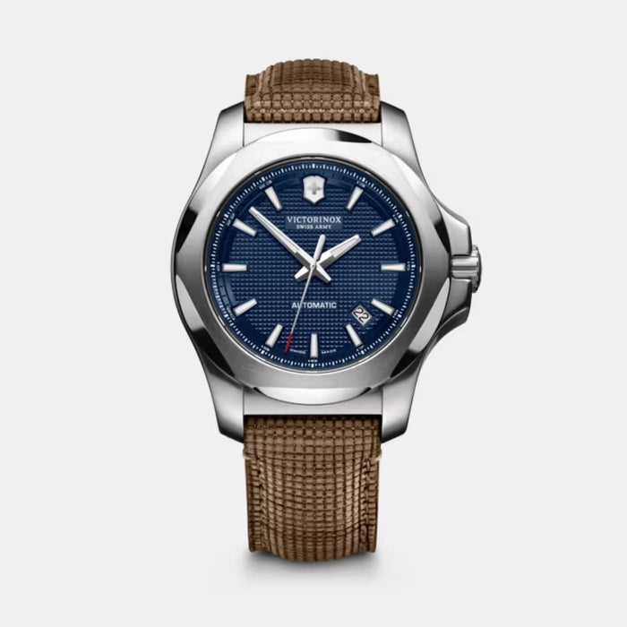 Victorinox I.N.O.X. Mechanical Blue Guilloché Dial With Brown Wood Leather Men's Watch 241834