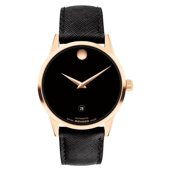 Movado Museum Classic Automatic Black Dial Rose PVD Leather Unisex's Watch 0608026