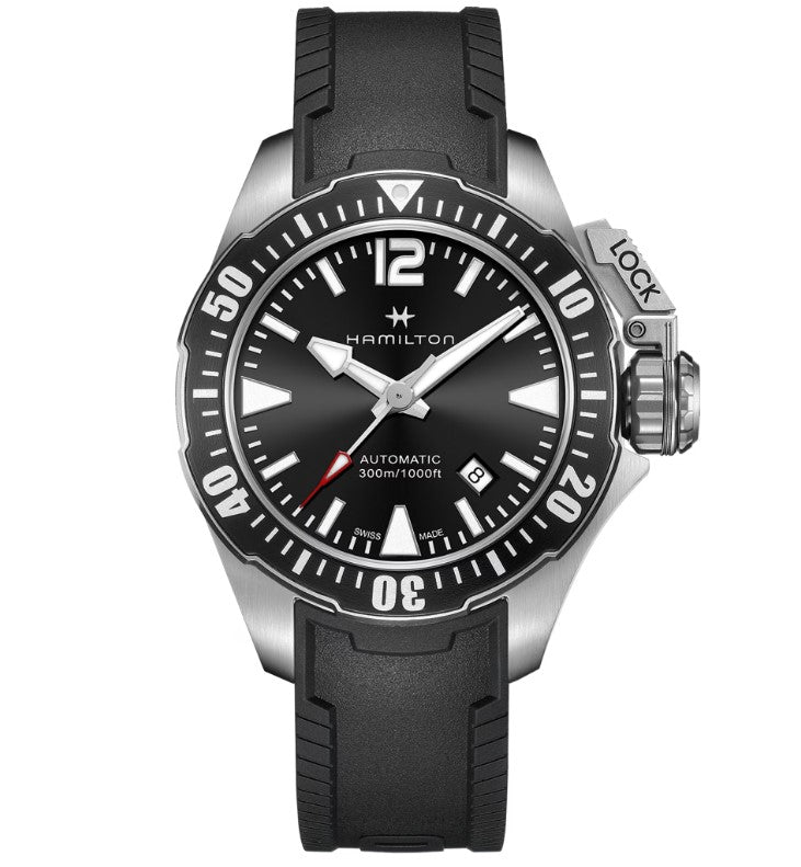 Hamilton Khaki Navy Frogman Auto Black Dial Black Rubber strap Round Stainless steel Case 42mm Men's Watch H77605335