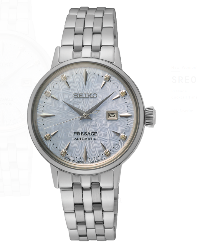 Seiko Presage Cocktail Time Automatic Silver Bracelet Blue Textured with Pressed Pattern dial Stainless Steel Case Women's Watch SRE007