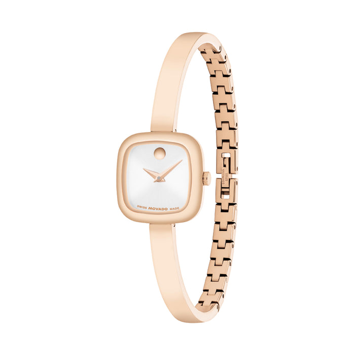 Movado Museum Bangle Silver White Dial Rose Gold Stainless Steel Women's Watch 0608059