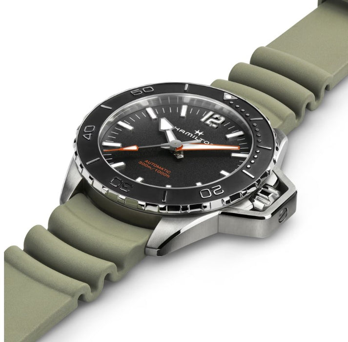 Hamilton Khaki Navy Frogman Auto Black Dial Green Rubber Strap Round Stainless Steel Case 46mm Men's Watch H77825331