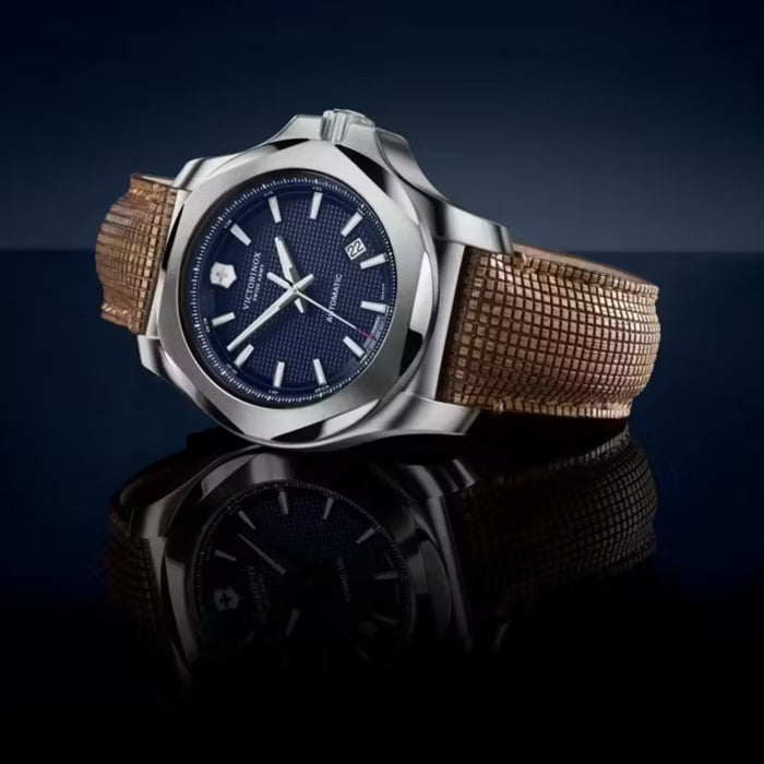 Victorinox I.N.O.X. Mechanical Blue Guilloché Dial With Brown Wood Leather Men's Watch 241834