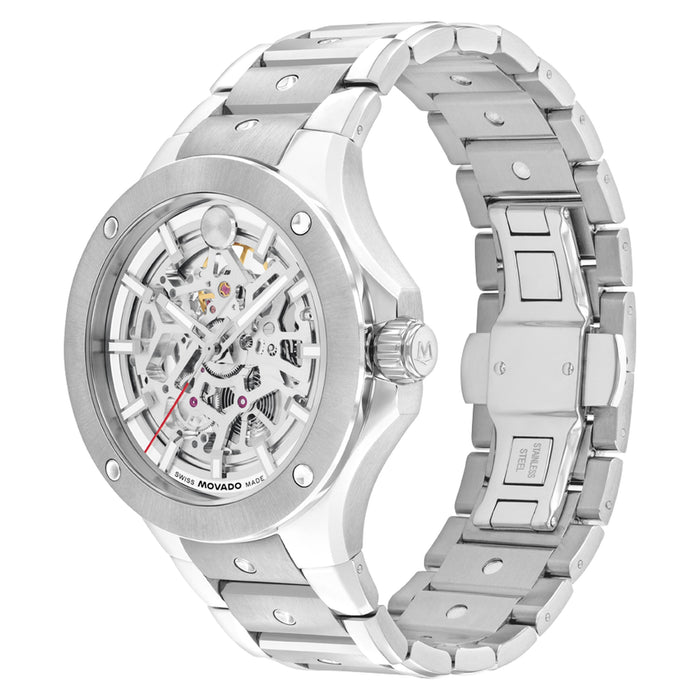 Movado Alta Se Silver Toned Metallic Skeleton Index Automatic 0607906
