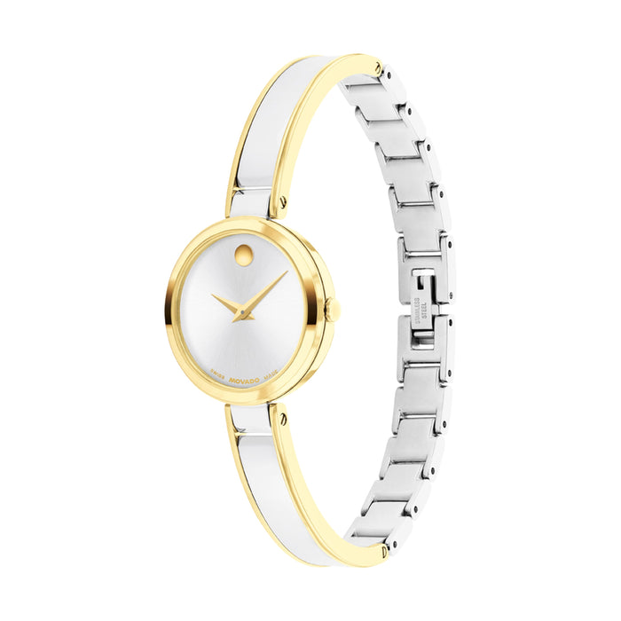 Movado Moda Silver White Dial Quartz Light Yellow Stainless Steel Women's Watch 0608012