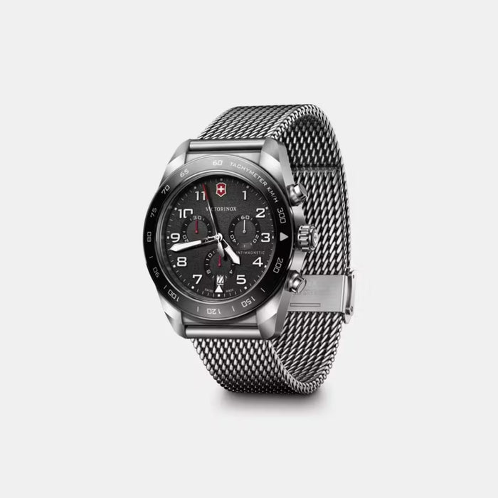 Victorinox Swiss Army Chronograph Matt Black Dial With Silver Mesh Bracelet Men's Watch 242048