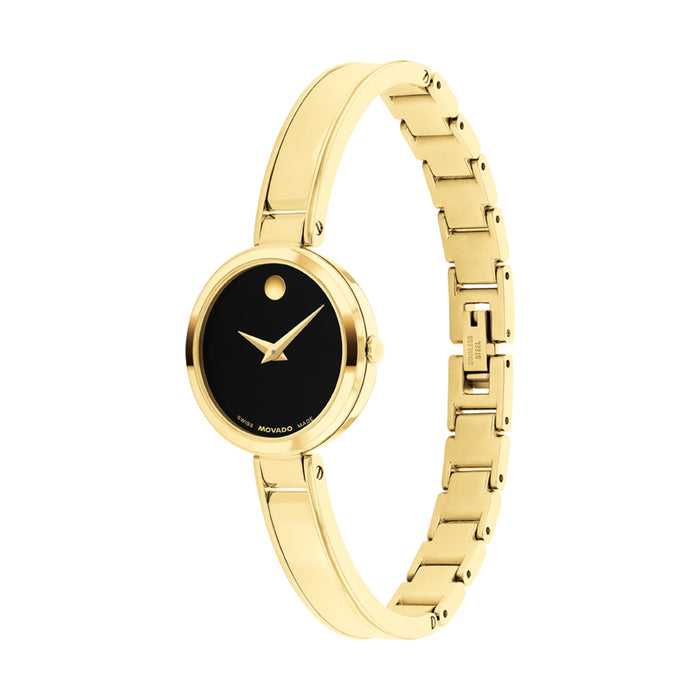Movado Moda Black Dial Light Yellow Gold Bangle Bracelet Women's Watch 0608013