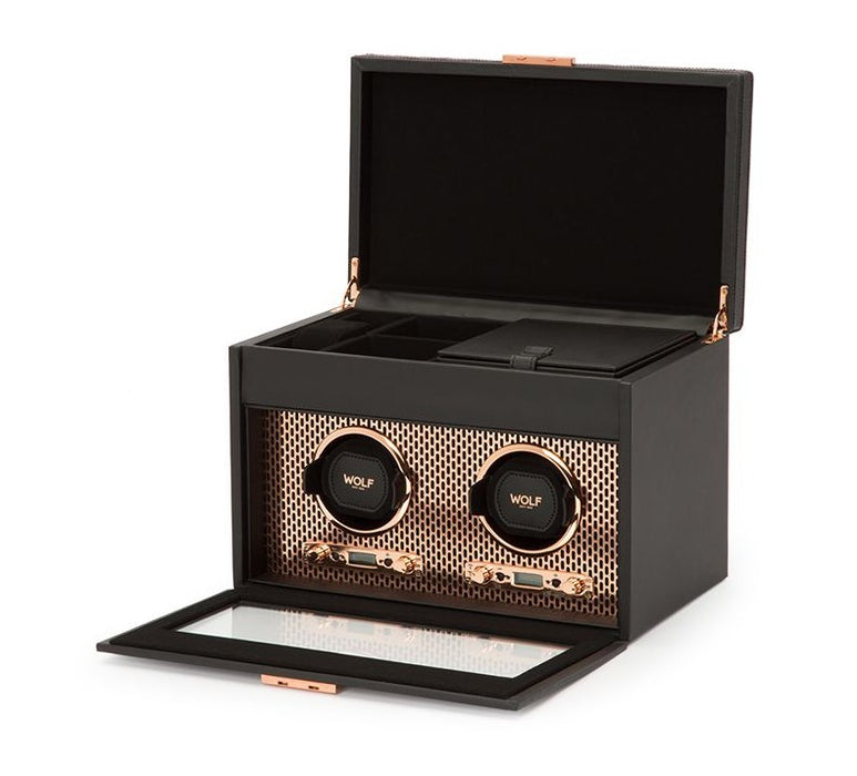 Wolf Axis Double Watch Winder With Storage and Copper Vegan Leather Cover 469316