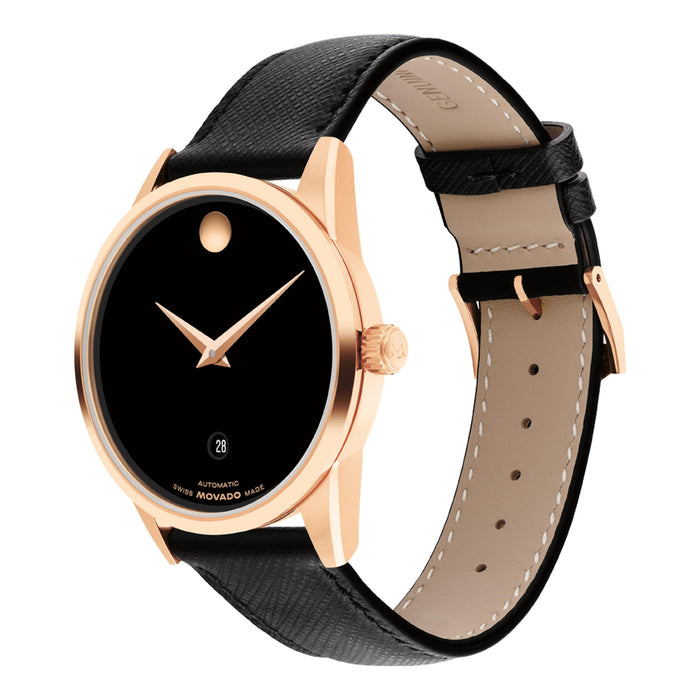Movado Museum Classic Automatic Black Dial Rose PVD Leather Unisex's Watch 0608026