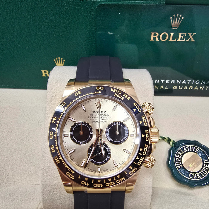Rolex Cosmograph Daytona 40mm Yellow Gold Ceramic Bezel Champagne and Black "YML/Pikachu" Dial Oysterflex New 2025 - 126518LN
