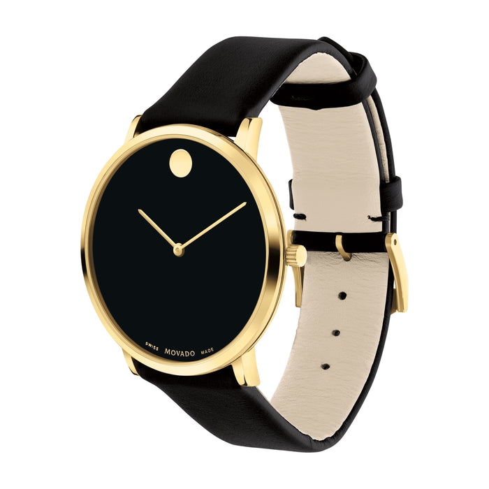 Movado Modern 47 Black Dial Yellow PVD Finished Unisex's Watch 0607432