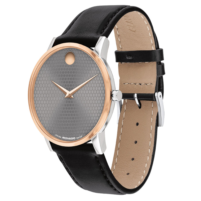 Movado Museum Classic Quartz Grey Dial Rose PVD Leather Unisex's Watch 0607999