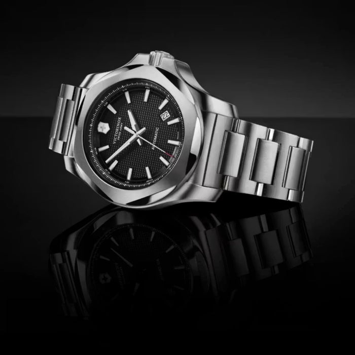 Victorinox I.N.O.X. Mechanical Guilloché Black Dial With Silver Bracelet Men's Watch 241837