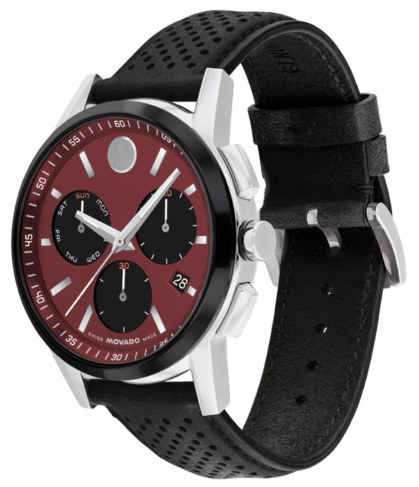 Movado Museum Sport Burgundy Chronograph Dial Leather Strap Men's Watch 0607897