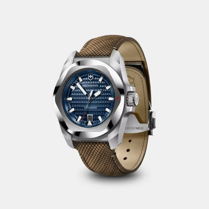 Victorinox I.N.O.X. Automatic Guilloché Blue Dial With Brown Wood Leather Men's Watch 242018.1