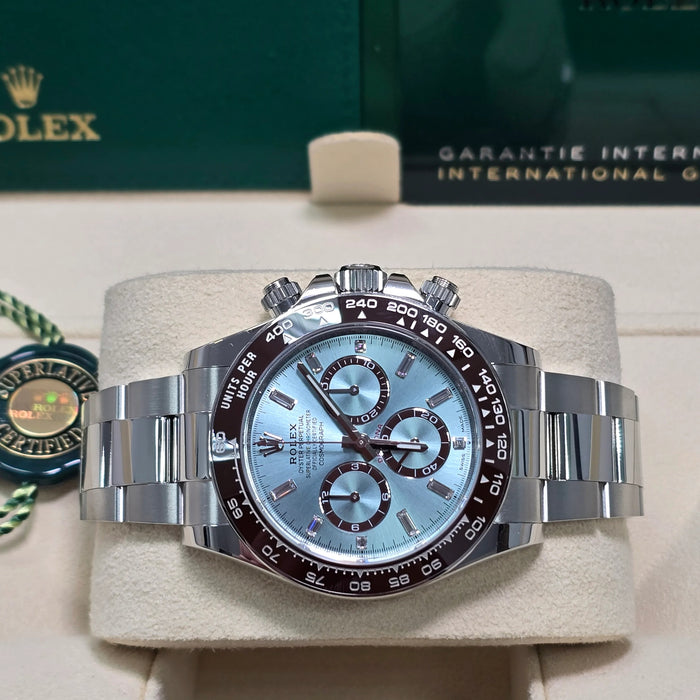 Rolex Cosmograph Daytona 40mm Platinum "Platona" Ceramic Brown Bezel Ice Blue Diamond Baguette Dial New 2025 - 126506