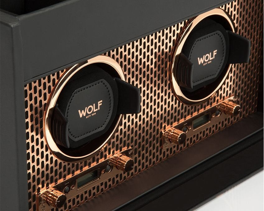 Wolf Axis Double Watch Winder With Storage and Copper Vegan Leather Cover 469316