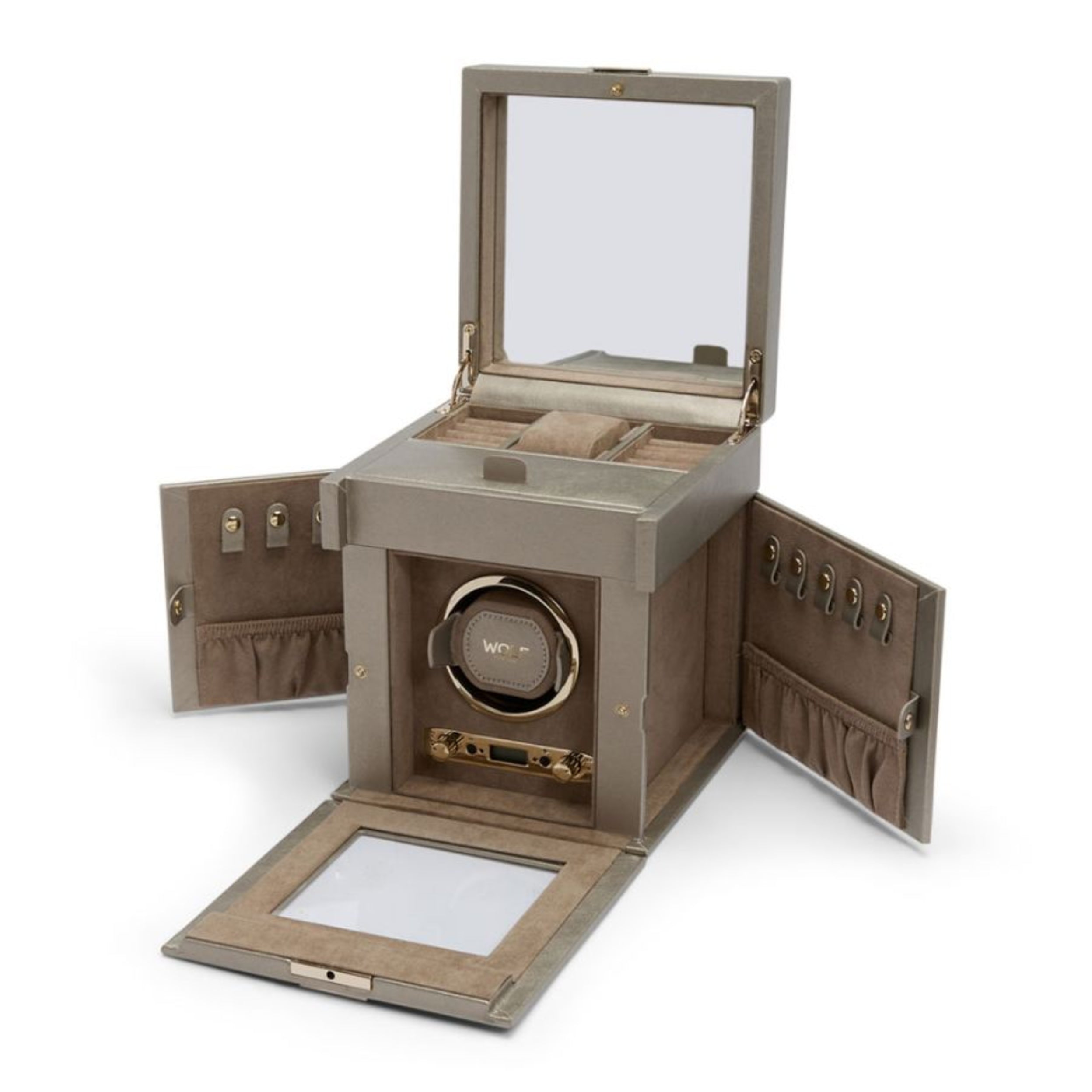Wolf Palermo Single Pewter Watch Winder with Jewelry Storage 213778
